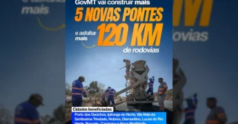 Construção de rodovia e pontes em Mato Grosso, com trabalhadores e máquina de cimento. Crédito: Governo de Mato Grosso / Instagram.