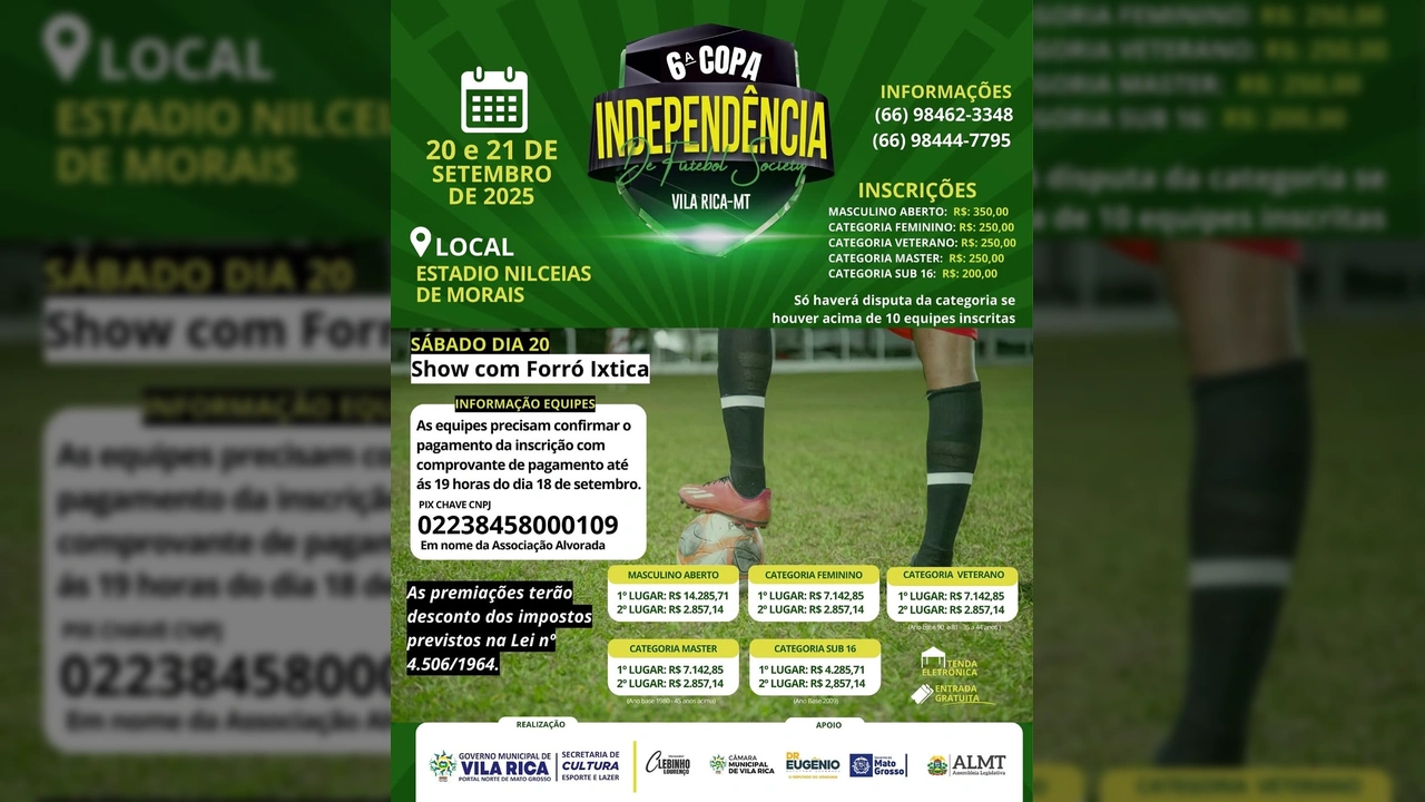 Imagem da 6ª Copa Independência de Futebol Society em Vila Rica, Mato Grosso, com destaque para a logo do evento e informações de data e local. Créditos: Governo de Vila Rica-MT / Instagram.