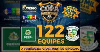 Copa Querência de Futebol Society com troféus, bola e anúncio de 122 equipes e mais de R$ 50 mil em prêmios, com créditos à Prefeitura de Querência no Instagram