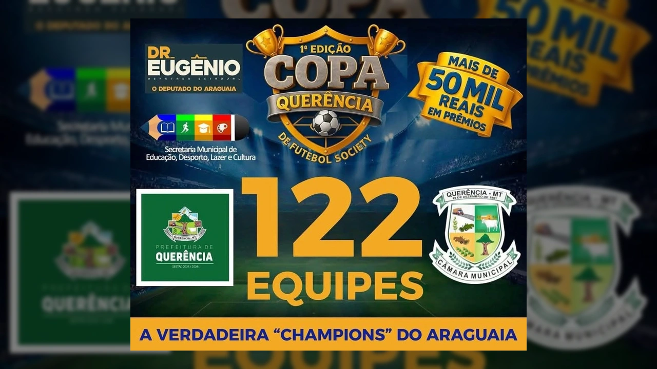 Copa Querência de Futebol Society com troféus, bola e anúncio de 122 equipes e mais de R$ 50 mil em prêmios, com créditos à Prefeitura de Querência no Instagram