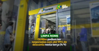 Imagem de uma agência dos Correios com o logo do Canal Gov, ilustrando a campanha Limpa Nome com descontos de até 99% em dívidas. Crédito: Canal Gov / Instagram.