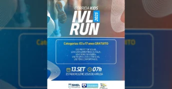 Imagem promocional da Corrida Kids IVL RUN 2025 em Nossa Senhora do Livramento, com crianças correndo e elementos gráficos do evento