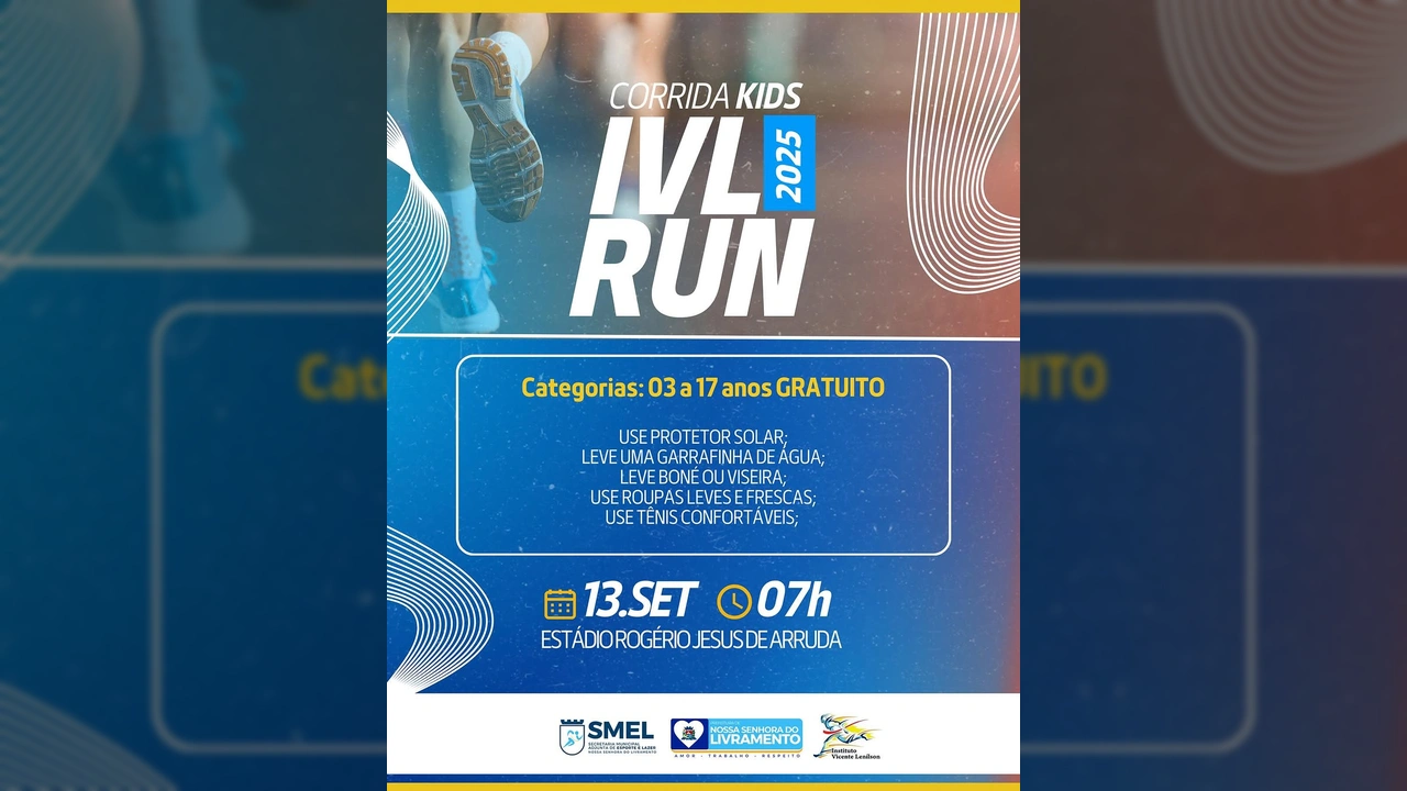 Imagem promocional da Corrida Kids IVL RUN 2025 em Nossa Senhora do Livramento, com crianças correndo e elementos gráficos do evento