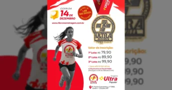 Imagem promocional da 2ª Corrida Solidária Ultra em Cáceres, Mato Grosso, mostrando uma corredora e a medalha do evento. Créditos: i9 Cronometragem Esportiva.