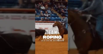 Imagem de um cowboy a cavalo laçando um bezerro durante a competição de Team Roping na Expo Diamantino 2025 por expodiamantino / Instagram