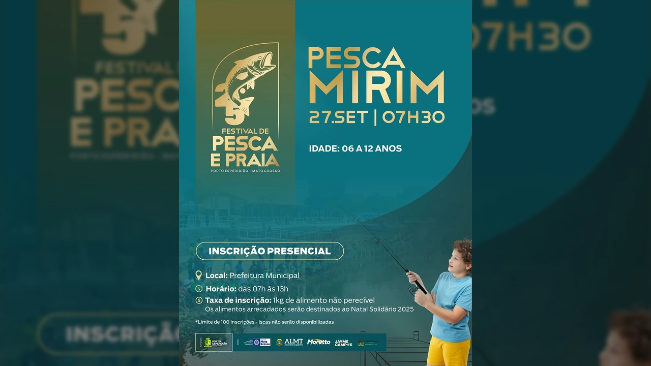 Imagem de uma criança pescando, promovendo a Pesca Mirim do Festival de Pesca e Praia em Porto Esperidião. Crédito: Prefeitura Municipal de Porto Esperidião / Instagram