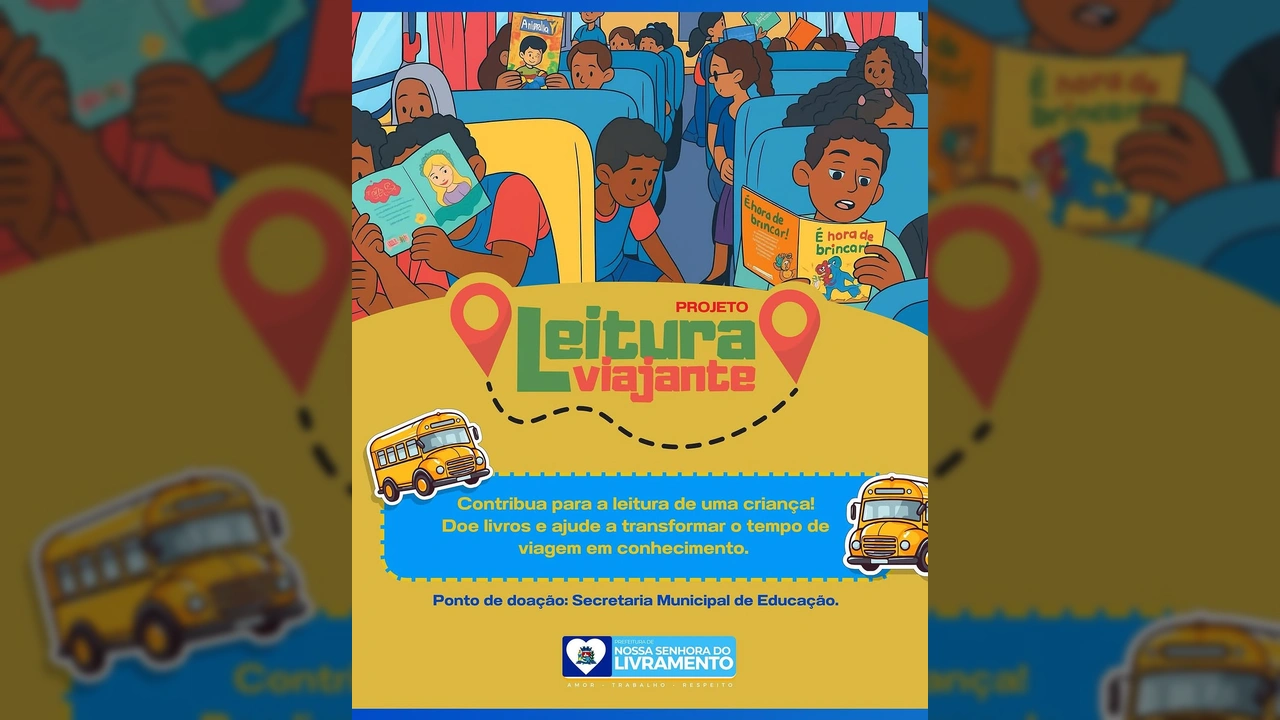 Ilustração colorida de crianças felizes lendo livros em um ônibus escolar, representando o Projeto Leitura Viajante em Nossa Senhora do Livramento, iniciativa da Prefeitura de Livramento / Instagram