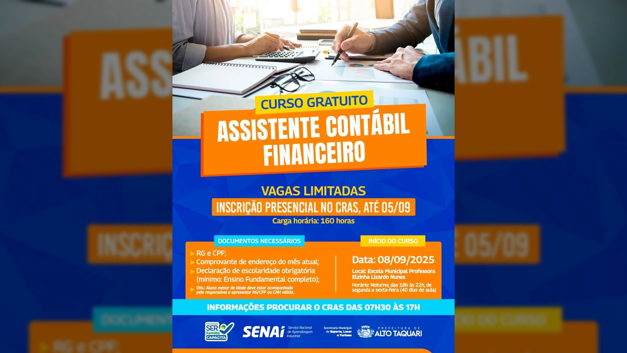 Curso Gratuito de Assistente Contábil Financeiro em Alto Taquari, oferecido pela Prefeitura, SENAI e Programa Ser Família Capacita. Crédito: Prefeitura de Alto Taquari / Instagram.