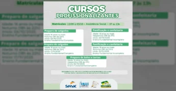 Banner verde e branco anunciando 'CURSOS PROFISSIONALIZANTES' com detalhes sobre matrículas e as opções de 'Preparo de salgados', 'Panificação e confeitaria' e 'Preparo de bolos e tortas', com informações de idade, turno, início e escolaridade. Crédito: prefeituradenovaolimpia / Instagram.