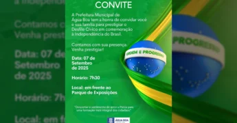 Ilustração do Desfile Cívico de 7 de Setembro em Água Boa, com a esfera azul e faixa 'Ordem e Progresso' da bandeira brasileira, envolta por tecido verde e amarelo. Crédito: Prefeitura de Água Boa-MT / Instagram.