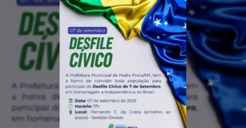 Bandeira do Brasil e detalhes do Desfile Cívico de 7 de Setembro em Pedra Preta - Prefeitura de Pedra Preta-MT / Instagram