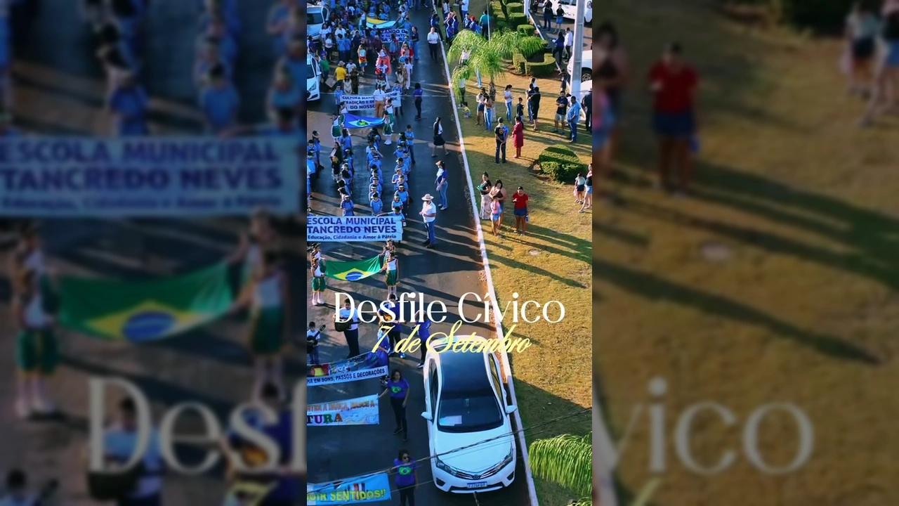 Imagem aérea do Desfile Cívico de 7 de Setembro em Nova Ubiratã, Mato Grosso, com escolas e bandas desfilando na rua. Créditos: Prefeitura Municipal de Nova Ubiratã / Instagram.