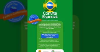 Convite para o Desfile Cívico de 12 de setembro de 2025 em Santa Cruz do Xingu, celebrando a Independência do Brasil e o Dia da cidade, com bandeira do Brasil e ilustrações de fanfarra. Crédito: Prefeitura Municipal de Santa Cruz do Xingu / Instagram.
