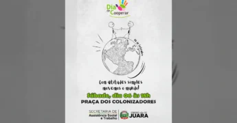 Imagem promocional do Dia de Cooperar em Juara, com ilustrações de pessoas na Terra e o logo do evento. Créditos: Prefeitura de Juara / Instagram.