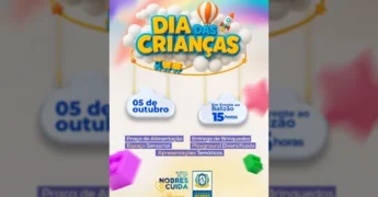 Imagem promocional da Prefeitura de Nobres para o Dia das Crianças com balão, foguete, nuvens e brinquedos.