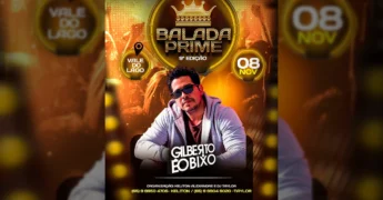 Imagem promocional da 9ª edição da Balada Prime com DJ Gilberto, enfatizando o evento em Arenápolis. Créditos: baladapr1me / Instagram