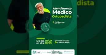 Homem sorrindo com um estetoscópio e o texto 'Atendimento Médico Ortopedista Dr. Hernan CRM - 3074', anunciando serviços de ortopedia. Créditos: Prefeitura de São Félix do Araguaia / Instagram.