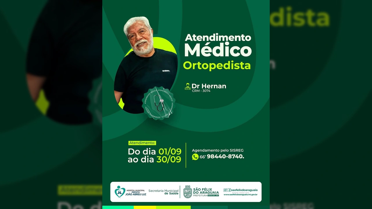 Homem sorrindo com um estetoscópio e o texto 'Atendimento Médico Ortopedista Dr. Hernan CRM - 3074', anunciando serviços de ortopedia. Créditos: Prefeitura de São Félix do Araguaia / Instagram.