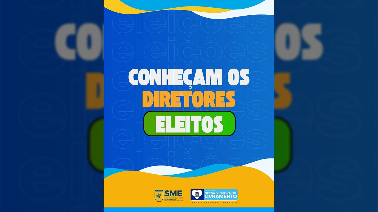 Resultados das eleições de diretores para escolas e creches municipais de Nossa Senhora do Livramento, com nomes dos eleitos e porcentagem de votos. Créditos: sme_livramento no Instagram