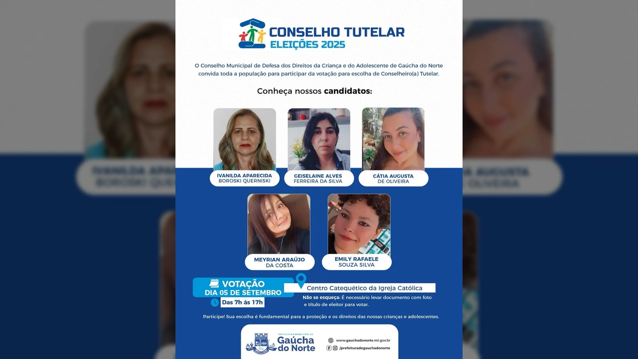 Imagem da publicação da Prefeitura de Gaúcha do Norte sobre as eleições do Conselho Tutelar 2025 e seus candidatos