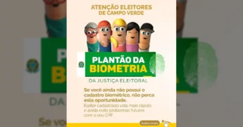 Ilustração de personagens tipo 'dedinhos' representando eleitores, com o logo do Plantão da Biometria da Justiça Eleitoral e informações sobre o cadastro biométrico em Campo Verde. Crédito: Prefeitura de Campo Verde / Instagram.