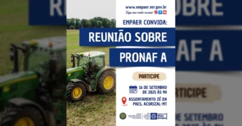 Tractor em um campo verde, representando a agricultura familiar em Mato Grosso, cenário da reunião sobre PRONAF A em Acorizal pela Empaer MT / Instagram: empaer_mt