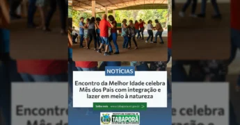Grupo de idosos dançando em um evento de lazer em meio à natureza, organizado pela Prefeitura de Tabaporã para celebrar o Mês dos Pais. Crédito: Prefeitura de Tabaporã / Instagram