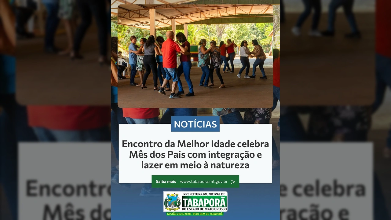 Grupo de idosos dançando em um evento de lazer em meio à natureza, organizado pela Prefeitura de Tabaporã para celebrar o Mês dos Pais. Crédito: Prefeitura de Tabaporã / Instagram