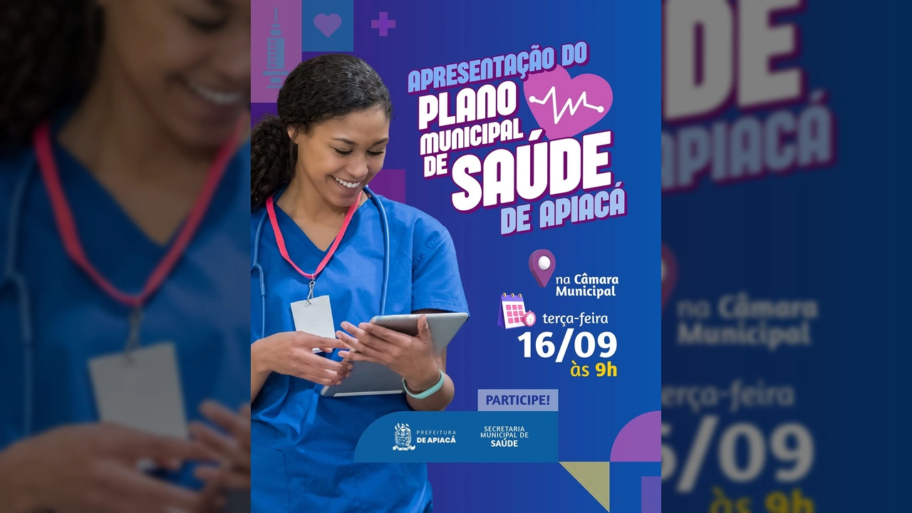 Imagem de uma enfermeira sorrindo com um tablet nas mãos, em destaque no banner da Prefeitura de Apiacá sobre o Plano Municipal de Saúde / Instagram