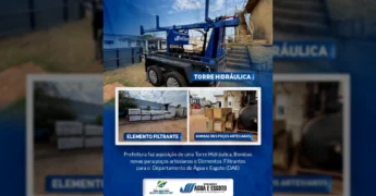 Foto dos novos equipamentos para o DAE de São José dos Quatro Marcos, incluindo Torre Hidráulica, bombas e filtros. Crédito: Instagram/@prefeituradequatromarcos