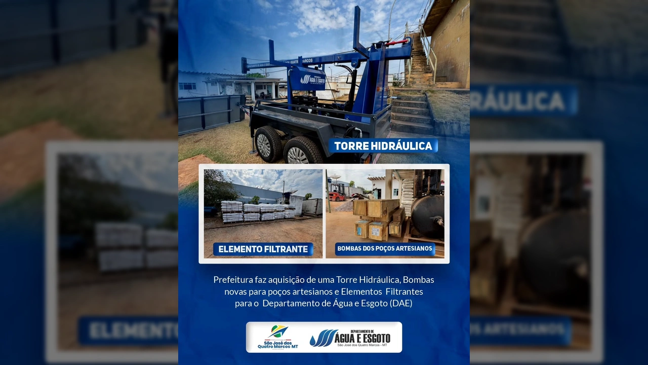 Foto dos novos equipamentos para o DAE de São José dos Quatro Marcos, incluindo Torre Hidráulica, bombas e filtros. Crédito: Instagram/@prefeituradequatromarcos
