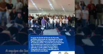 Foto da equipe de saúde de Peixoto de Azevedo participando de treinamento em Saúde Digital e SUS Digital, com crédito a Prefeitura de Peixoto de Azevedo