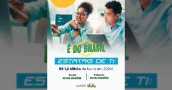 Imagem de pessoas trabalhando em tecnologia e a bandeira do Brasil, com informações sobre o lucro das estatais de TI e a Nuvem Soberana, creditada ao Instagram gestaogovbr.