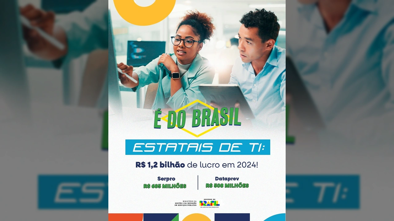 Imagem de pessoas trabalhando em tecnologia e a bandeira do Brasil, com informações sobre o lucro das estatais de TI e a Nuvem Soberana, creditada ao Instagram gestaogovbr.