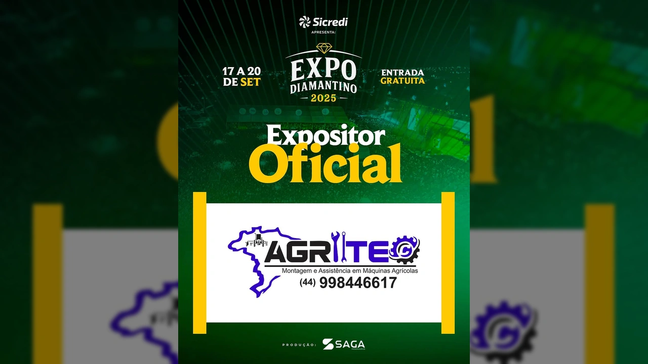 Banner da Expo Diamantino 2025 com o logo da AGRITEC e informações de data e entrada gratuita. Créditos: expodiamantino / Instagram