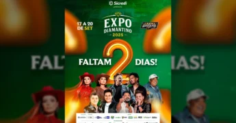 Expo Diamantino 2025: cartaz de divulgação do evento com artistas musicais e contagem regressiva de dois dias, crédito EXPODIAMANTINO - MATO GROSSO / Instagram