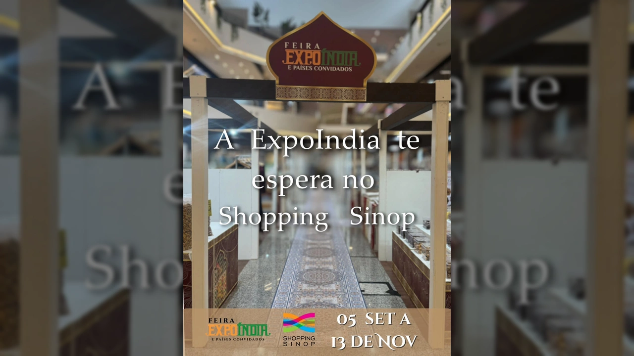 Vista da feira Expo Índia no Shopping Sinop, apresentando produtos e tapetes em um corredor. Imagem de feira_expoindia no Instagram.