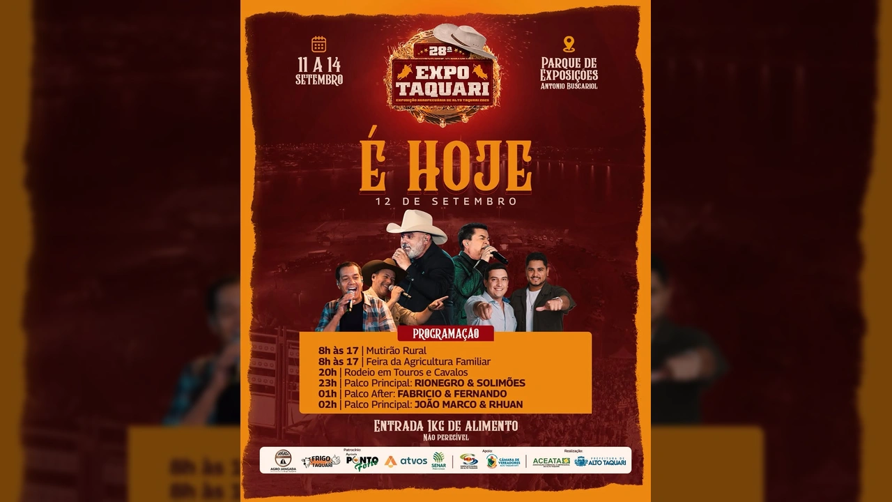 Imagem promocional da 28ª Expo Taquari em Alto Taquari, Mato Grosso, destacando os shows de Rionegro & Solimões e a programação do dia 12 de setembro, crédito para Prefeitura de Alto Taquari / Instagram.