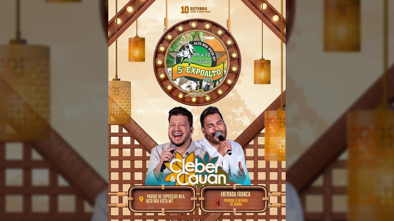 Capa do evento 5ª Expoalto 2025 com a dupla sertaneja Cleber & Cauan, anunciando show gratuito em Alto Boa Vista, MT. Créditos: Expoalto / Instagram
