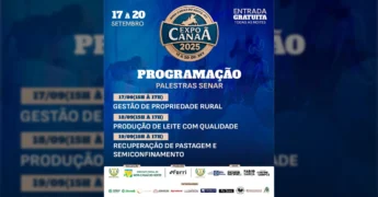 Imagem da programação de palestras do SENAR na ExpoCanaã 2025 em Nova Canaã do Norte, com datas e temas. Créditos: expocanaa2025 / Instagram.