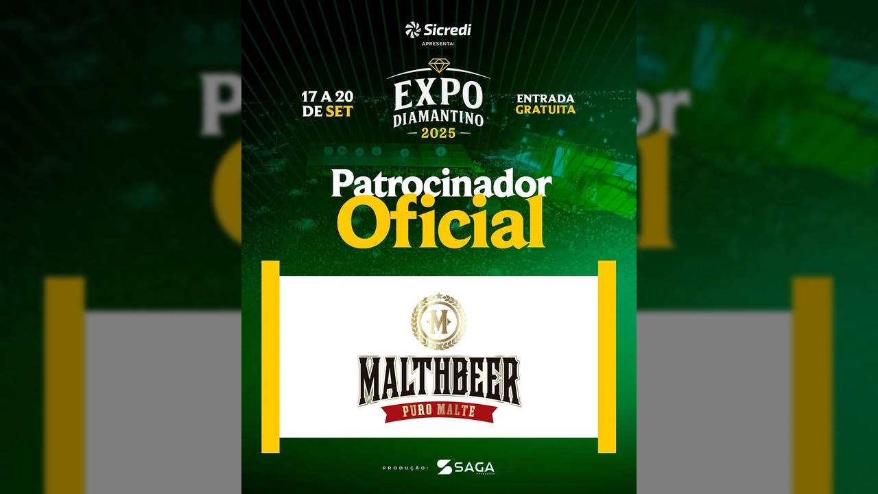 Banner de divulgação da ExpoDiamantino 2025 com logos Sicredi e Malthbeer, datas e local do evento. Créditos: expodiamantino / Instagram.