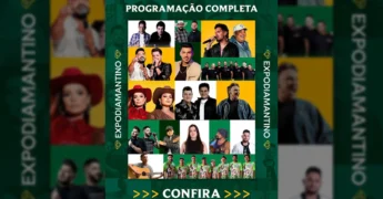 Cartaz da programação da Expodiamantino 2025 com fotos de artistas como Maiara e Maraisa, Humberto e Ronaldo, César e Paulinho, Fred e Fabrício, e informações sobre rodeio e palco cultural. Créditos: Expodiamantino / Instagram