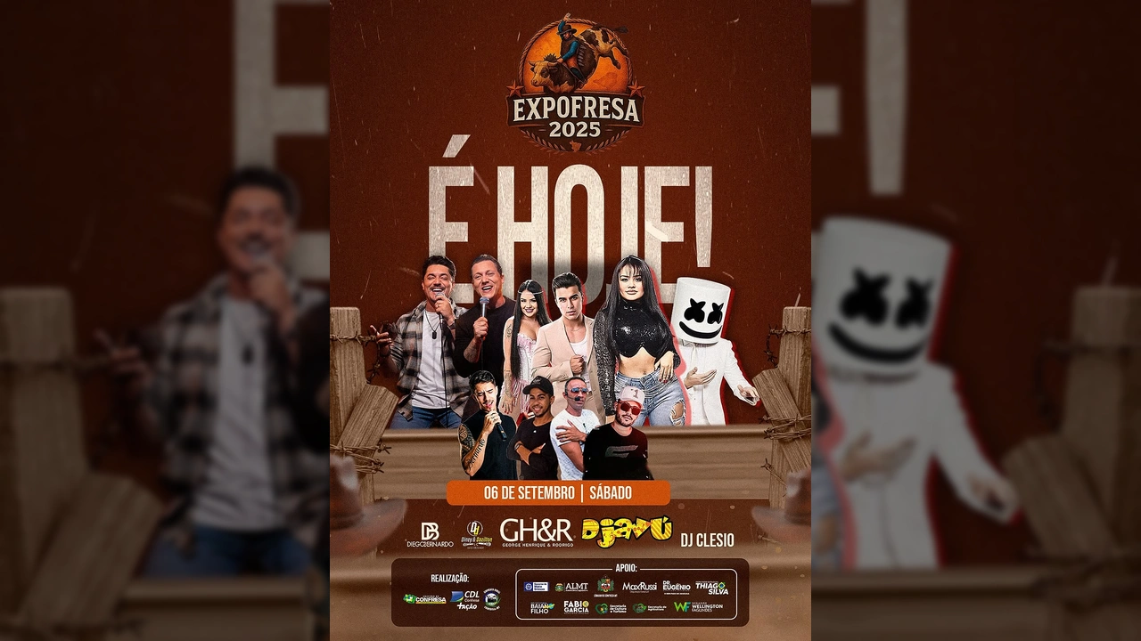 Imagem promocional da Expofresa 2025 em Confresa, Mato Grosso, com o logo do evento, a frase 'É HOJE!' e fotos dos artistas Diego Bernardo, Dinei & Dazilton, George Henrique & Rodrigo, Djavu e DJ Clesio. Crédito: expofresaoficial / Instagram