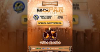 Imagem promocional da 31ª EXPOPAR 2025 em Paranatinga, destacando rodeio em touros, entrada gratuita e Cia de Rodeio Velho Rancho. Crédito: Nortão Rodeio Team.