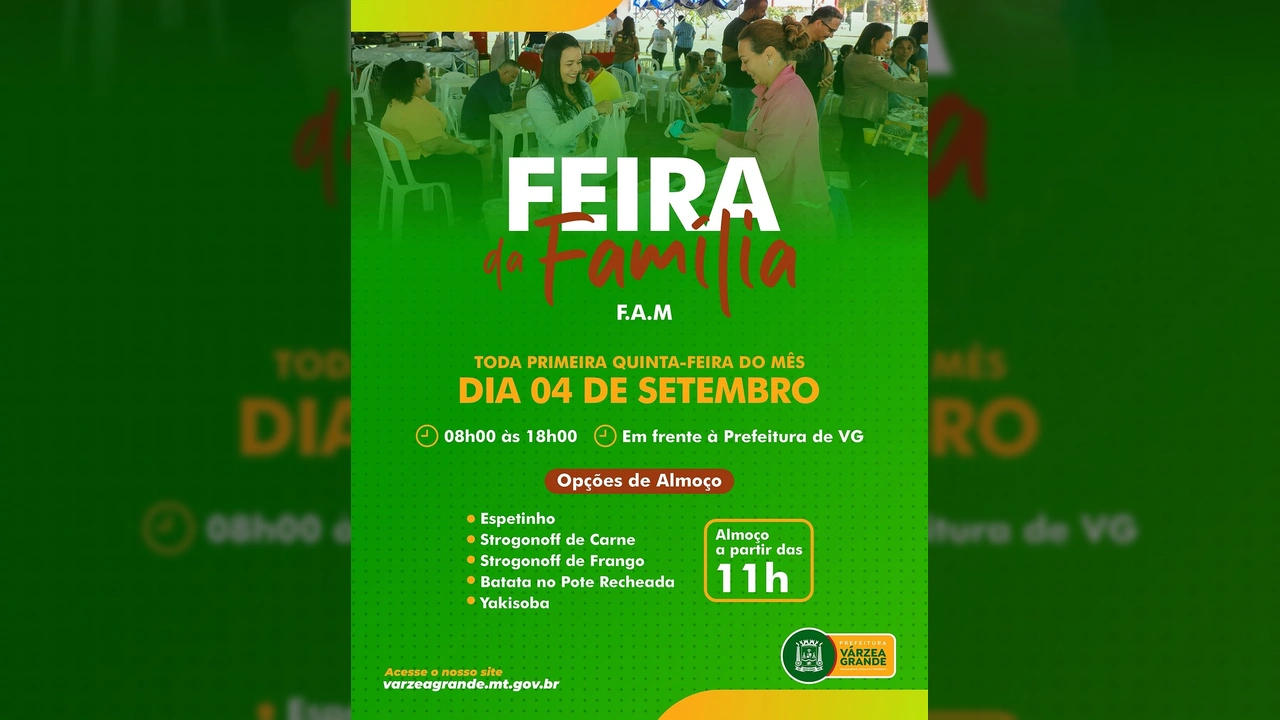 Pessoas interagindo e comprando comida na Feira da Família em Várzea Grande, evento da Prefeitura de Várzea Grande MT.