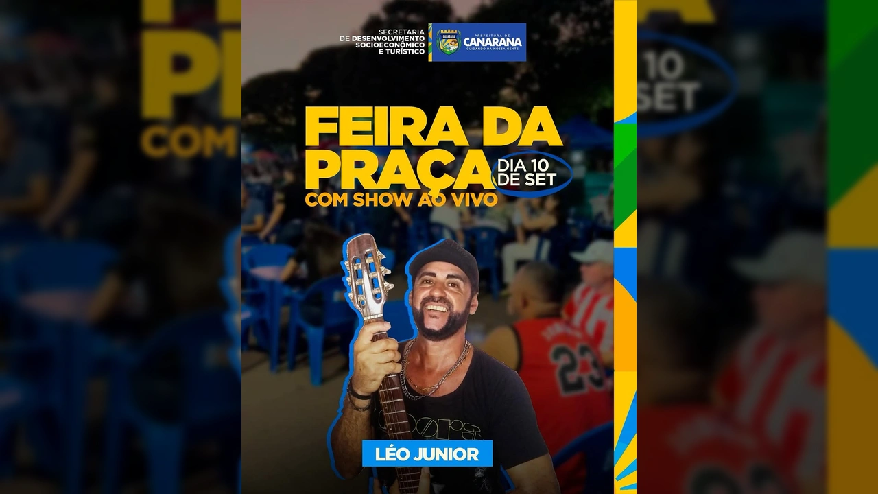Imagem da Feira da Praça em Canarana com Léo Junior cantando e tocando violão, evento da Prefeitura de Canarana / Instagram prefcanaranamt