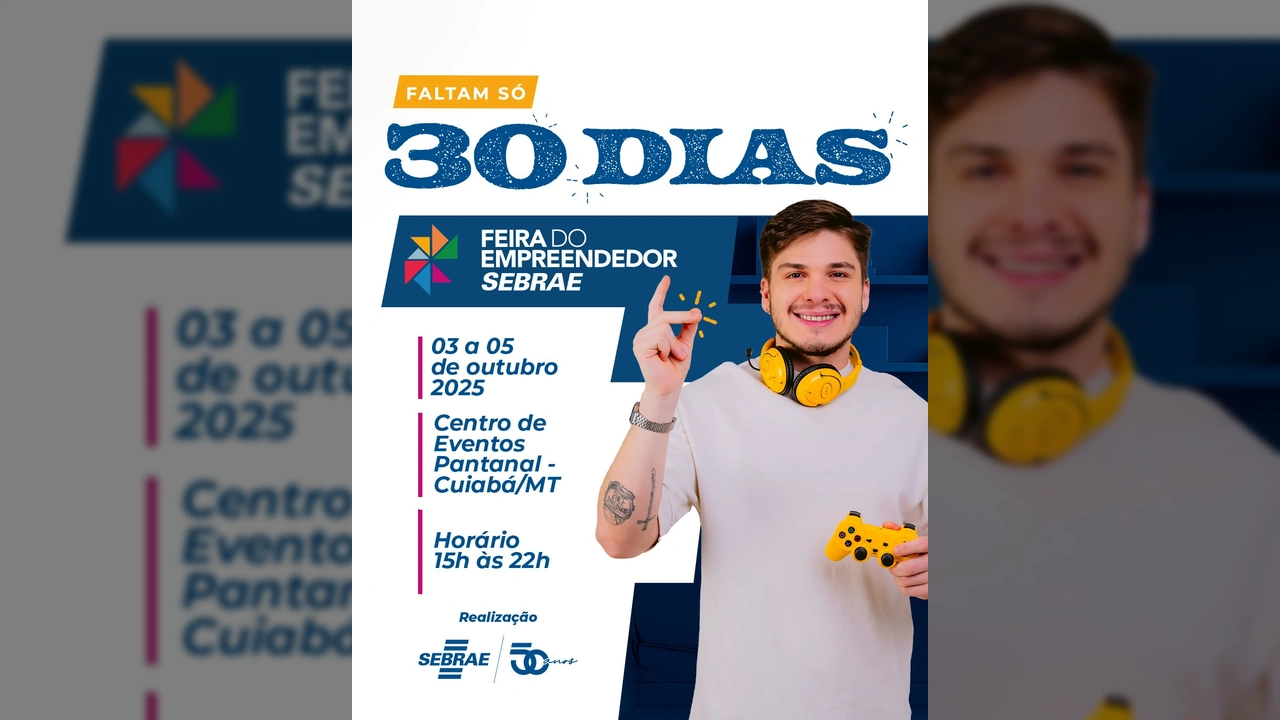Jovem gamer sorrindo com fone de ouvido e controle amarelo, promovendo a Feira do Empreendedor Sebrae em Cuiabá. Créditos: Sebrae Mato Grosso / Instagram.