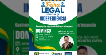 Banner da Feira Legal Edição Especial de Independência em Guarantã do Norte com detalhes de gastronomia, artesanato e show de Augusto Guto. Créditos: Prefeitura Municipal de Guarantã do Norte / Instagram