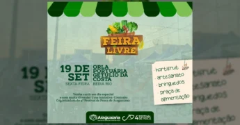 Imagem da Feira Livre Municipal de Araguaiana com vegetais e frutas, anunciando mudança para a Orla Portuária. Créditos: Prefeitura de Araguaiana / Instagram
