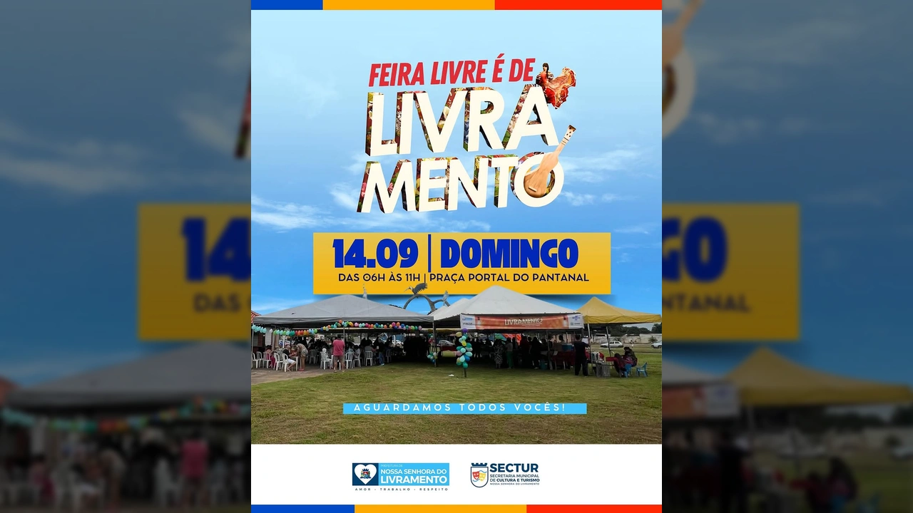 Feira Livre na Praça Portal do Pantanal em Nossa Senhora do Livramento, com tendas e pessoas, por Prefeitura de Livramento / Instagram.